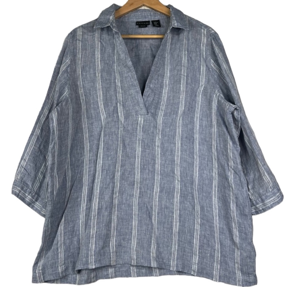 Tahari Linen V Neck Collared 3/4 Sleeve Top Blue White Stripes Womens Size XL